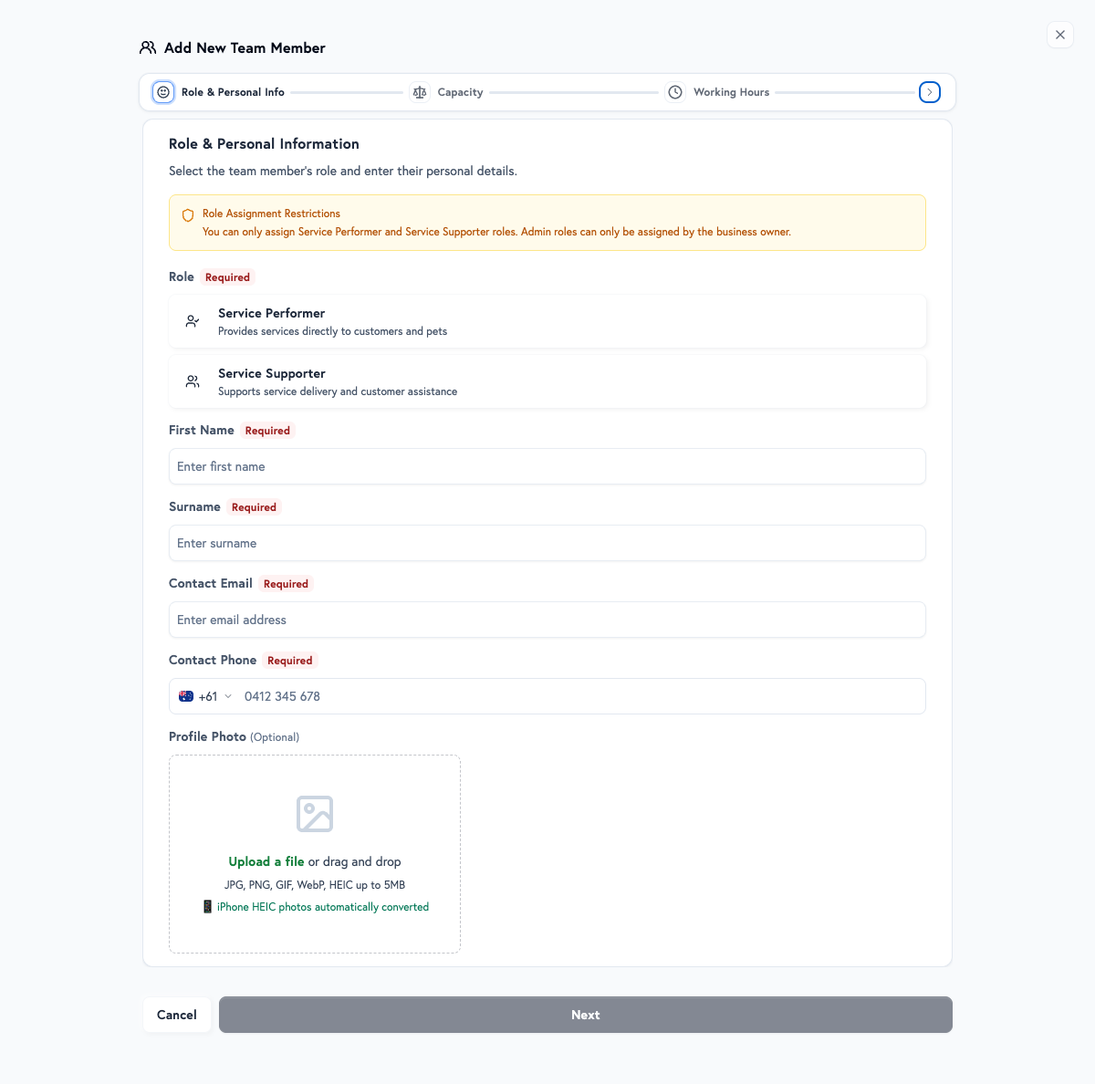 Team Member Creation - Personal Info