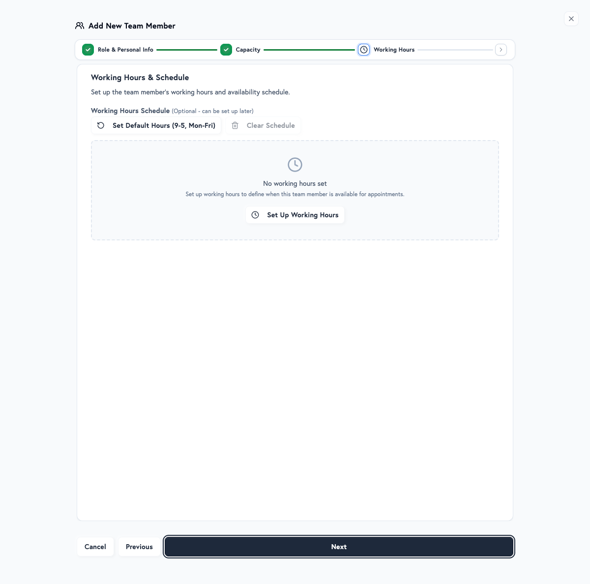 Team Member Creation - Working Hours