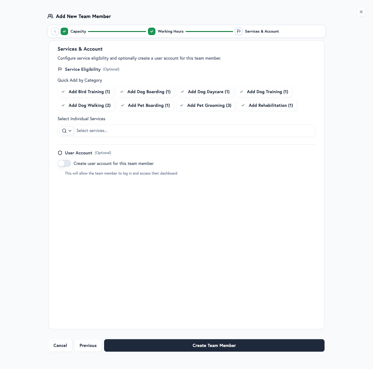 Team Member Creation - Services & Account
